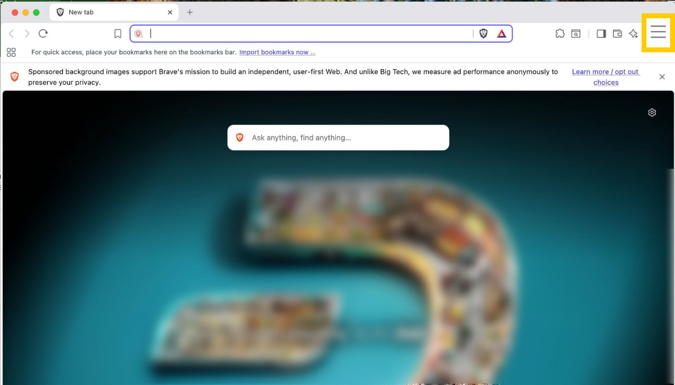 Brave browser showing hamburger menu icon highlighted.