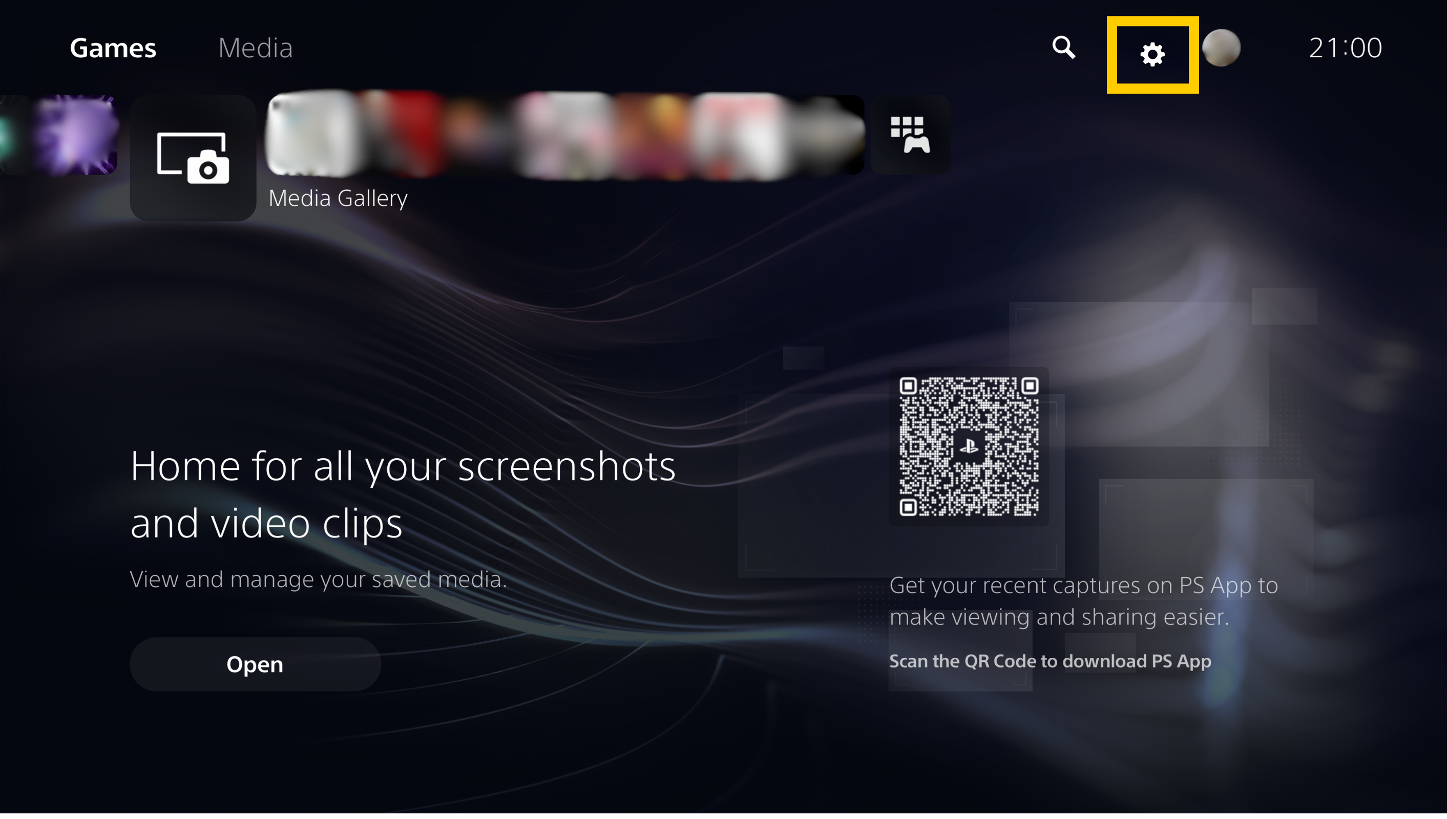 The PlayStation 5 home screen with the settings gear icon at the top right highlighted in a yellow box.