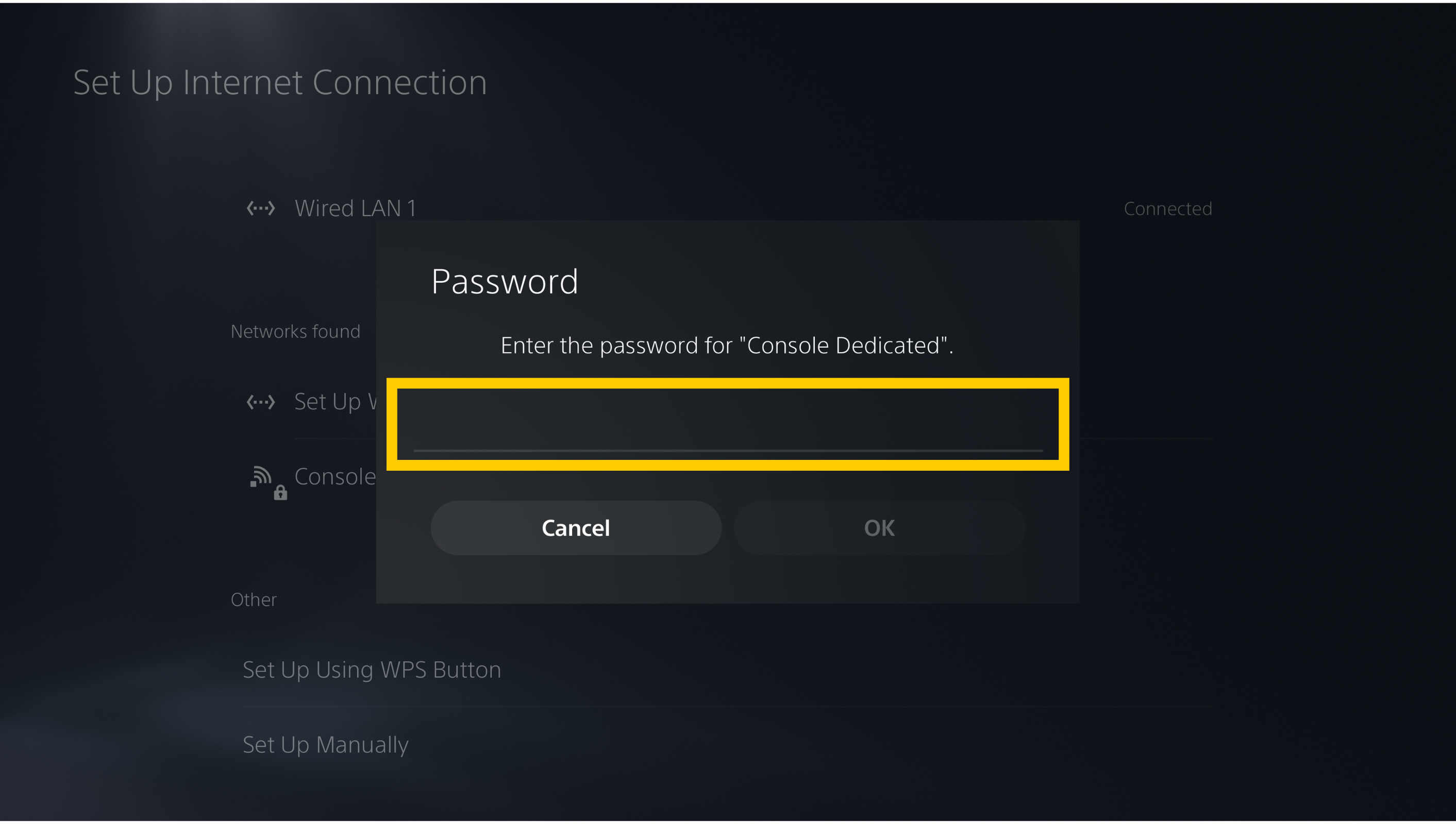 The PlayStation 5 password entry screen, with the text field for entering the "Console Dedicated" network password highlighted in a yellow box.