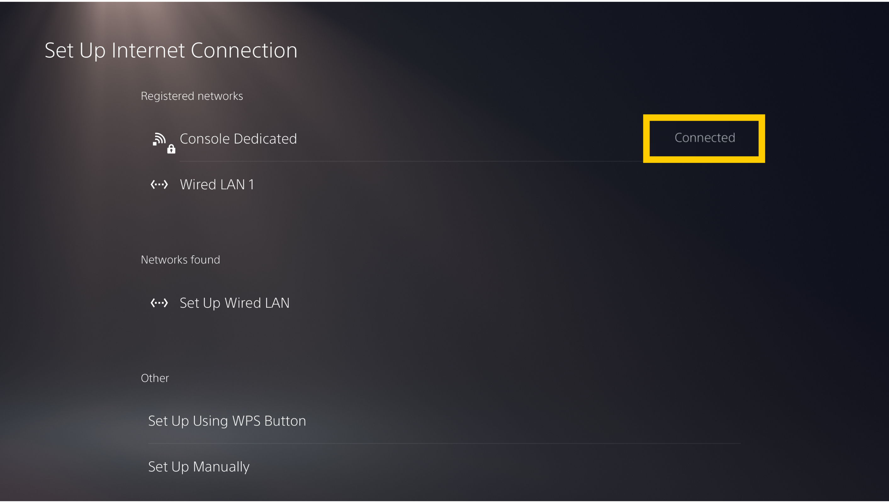 The PlayStation 5 "Set Up Internet Connection" screen, with the "Connected" status next to the "Console Dedicated" network highlighted in a yellow box.