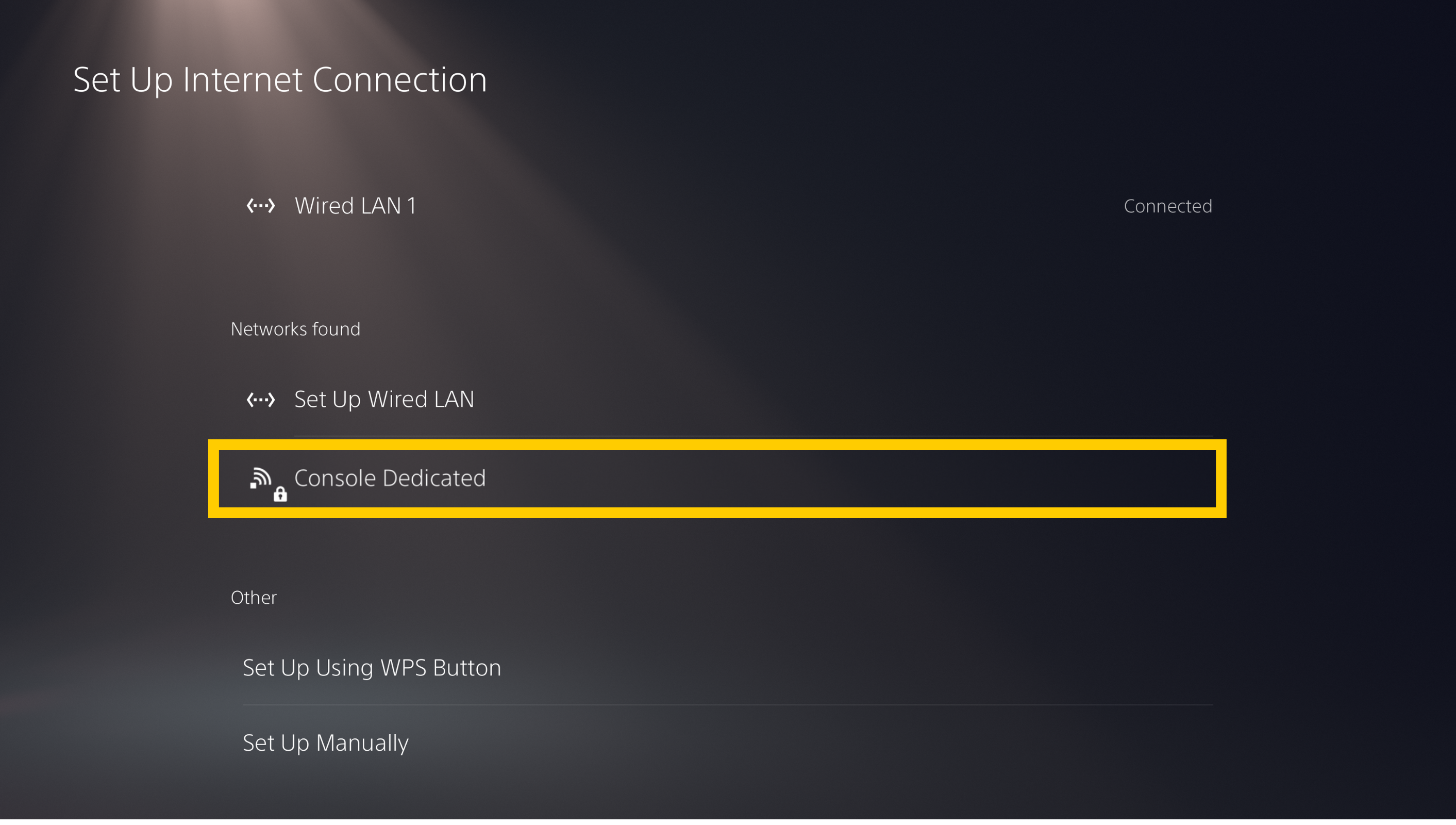 The PlayStation 5 "Set Up Internet Connection" screen, with the "Console Dedicated" wireless network highlighted in a yellow box.