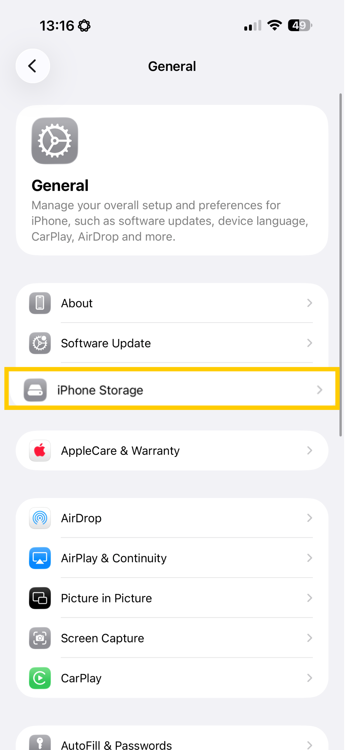 iOS settings showing iPhone Storage highlighted.