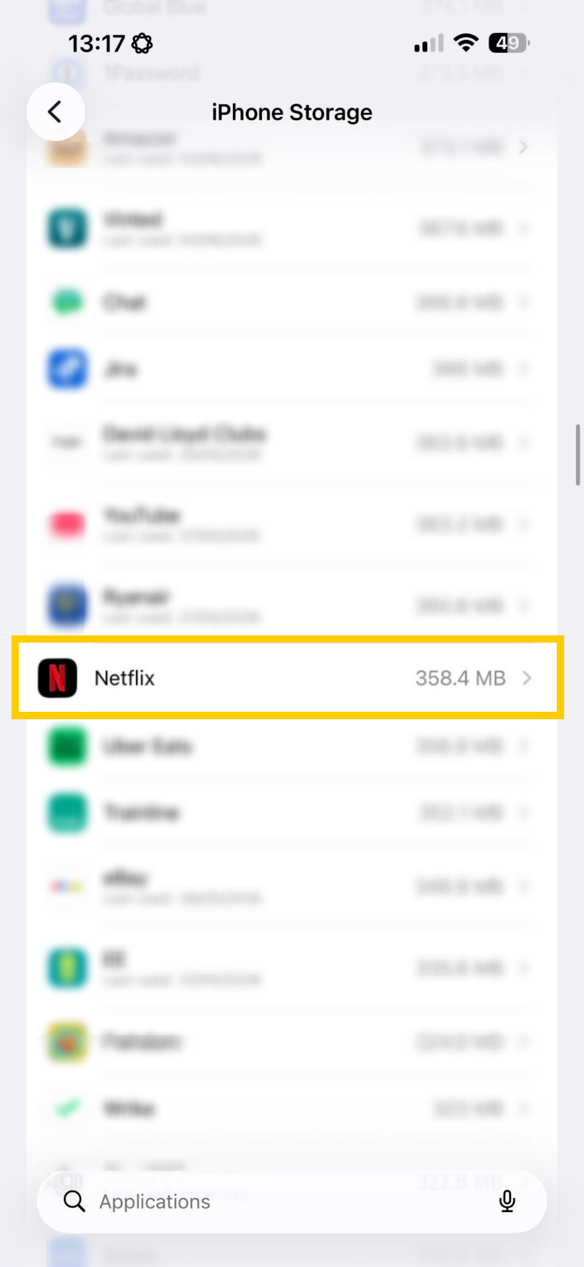iOS iPhone Storage settings showing Netflix highlighted.