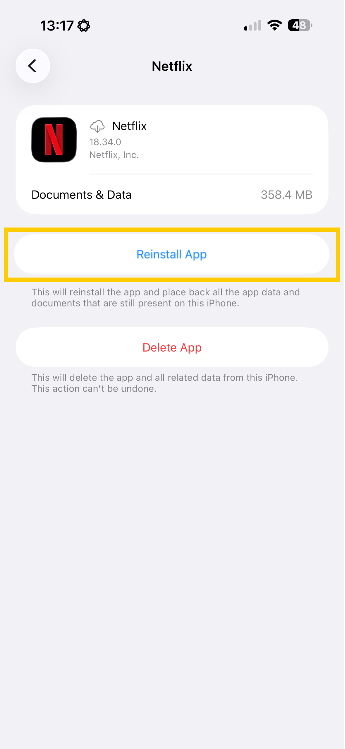 Netflix on iOS showing Reinstall App highlighted.