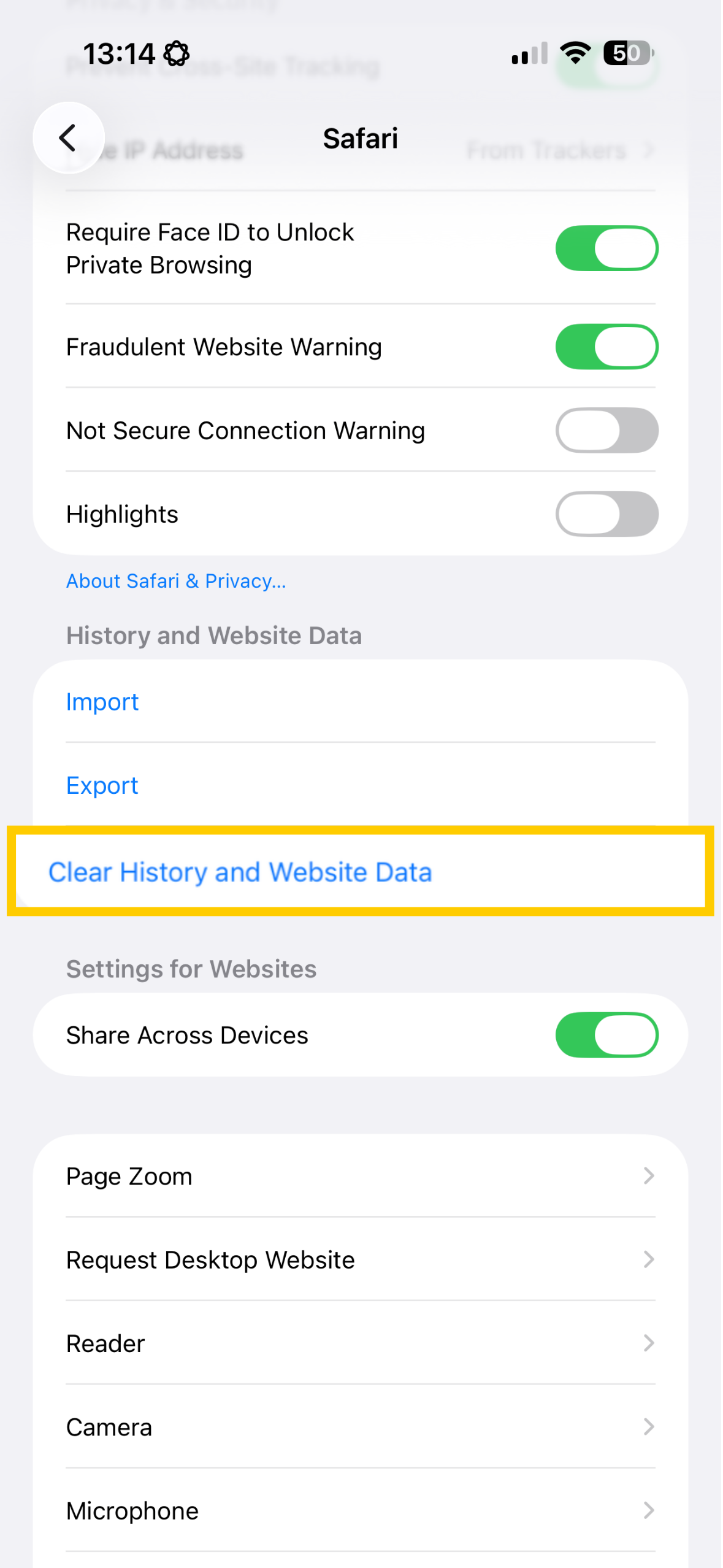 iOS Safari settings showing Clear History and Website Data highlighted.