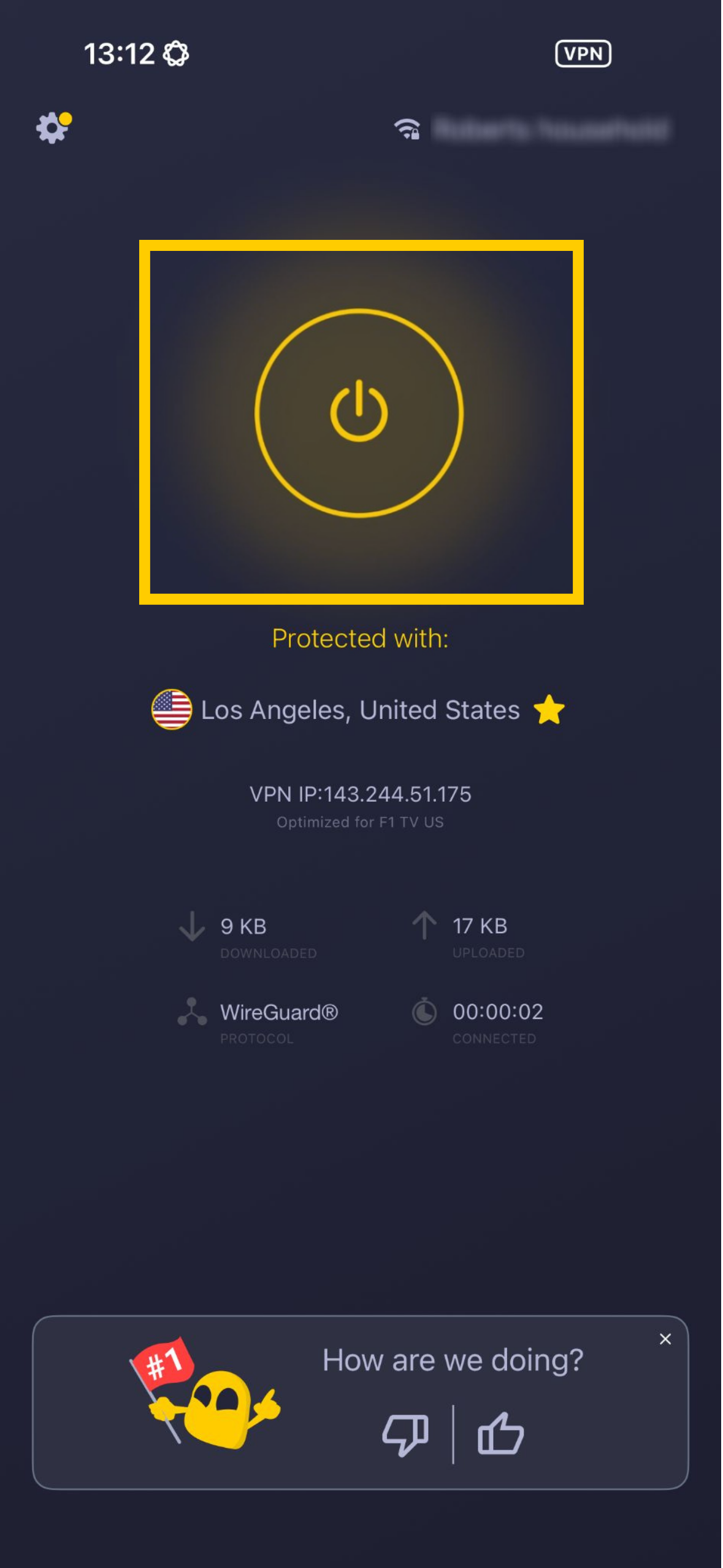 CyberGhost VPN home screen showing connection to a server and power button highlighted.