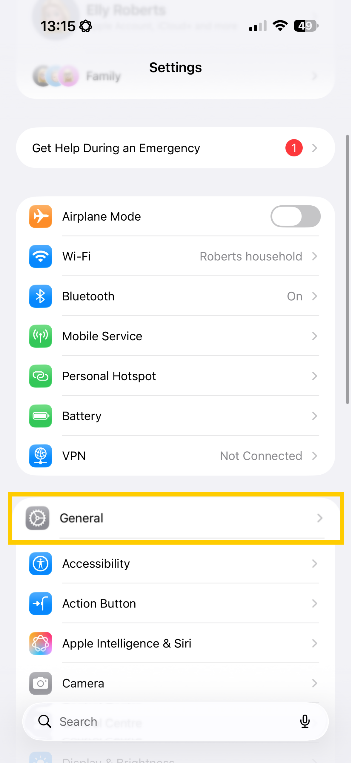 iOS settings showing General highlighted.