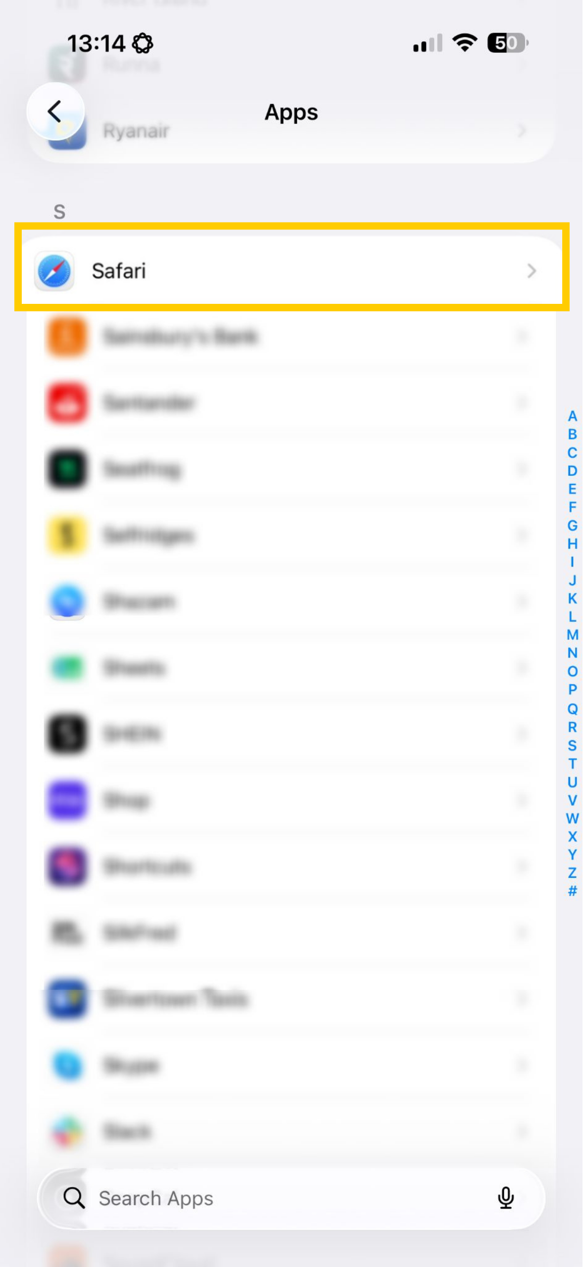 iOS apps showing Safari highlighted.