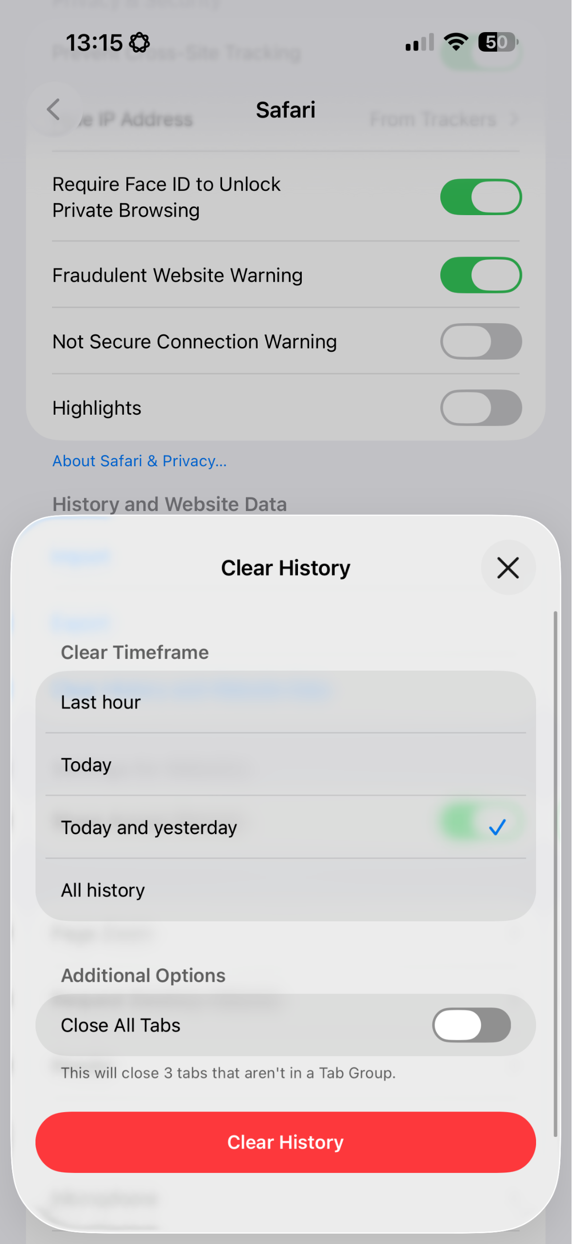 iOS Safari settings showing how to clear history.