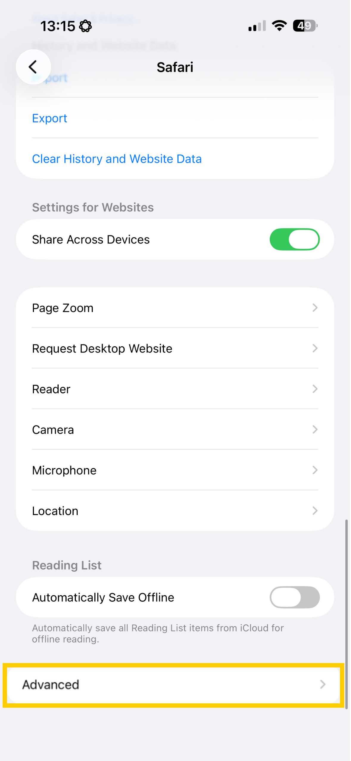 Safari settings showing Advanced highlighted.