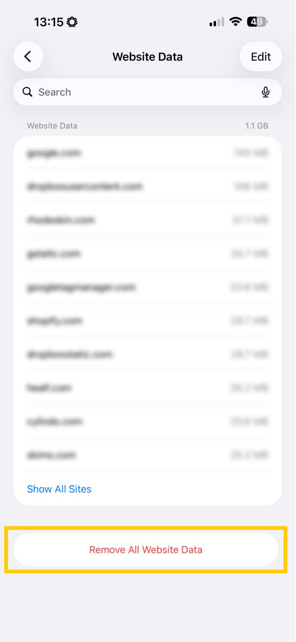 Safari settings showing Remove All Website Data highlighted.