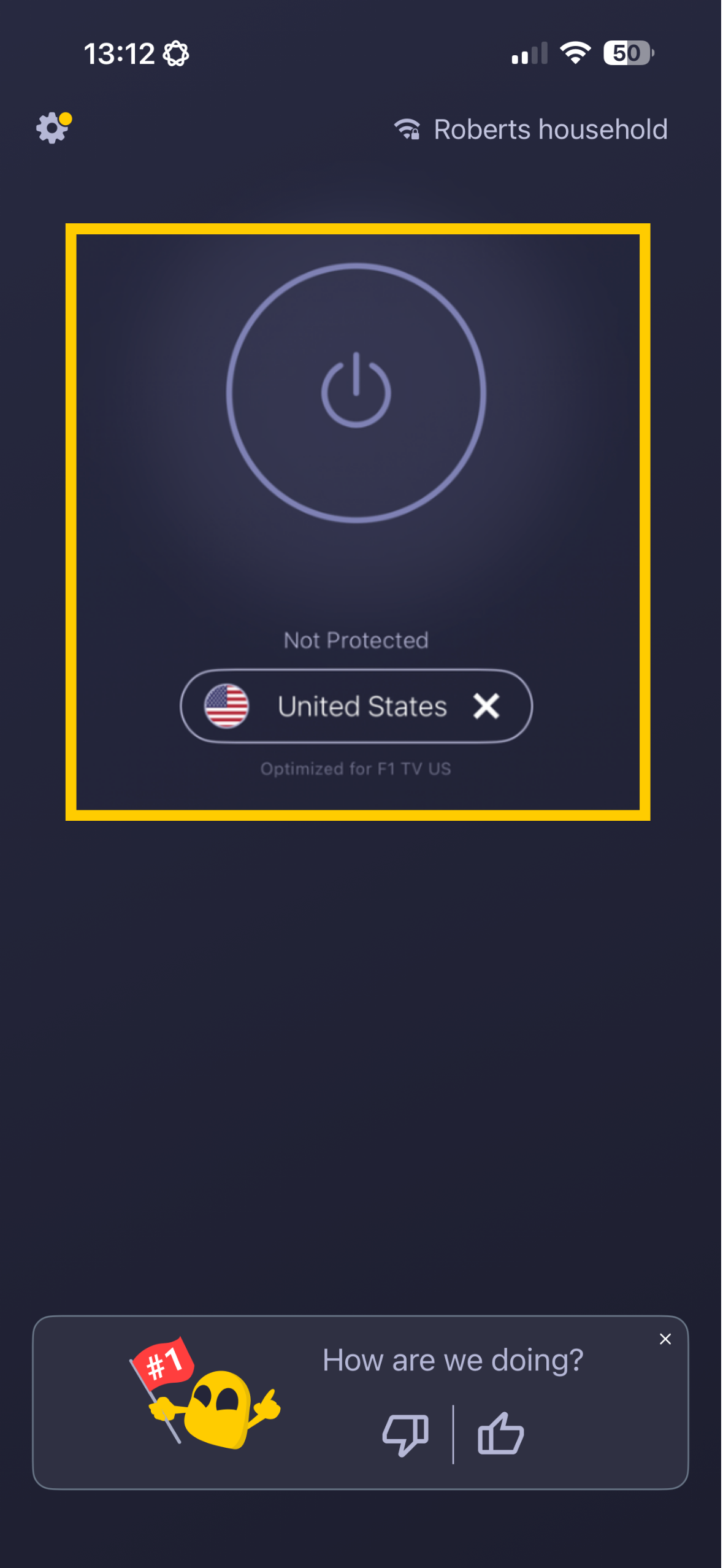 CyberGhost VPN home screen showing power button and most recent server location highlighted.