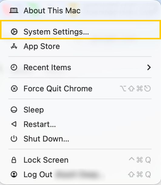 Apple menu with System Settings highlighted.