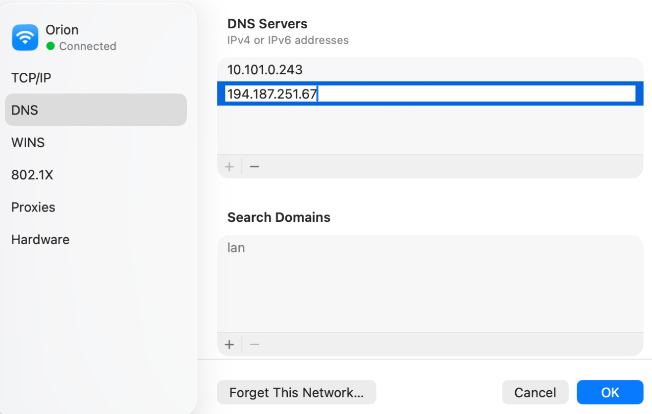 macOS DNS settings with CyberGhost VPN DNS server addresses and OK button.