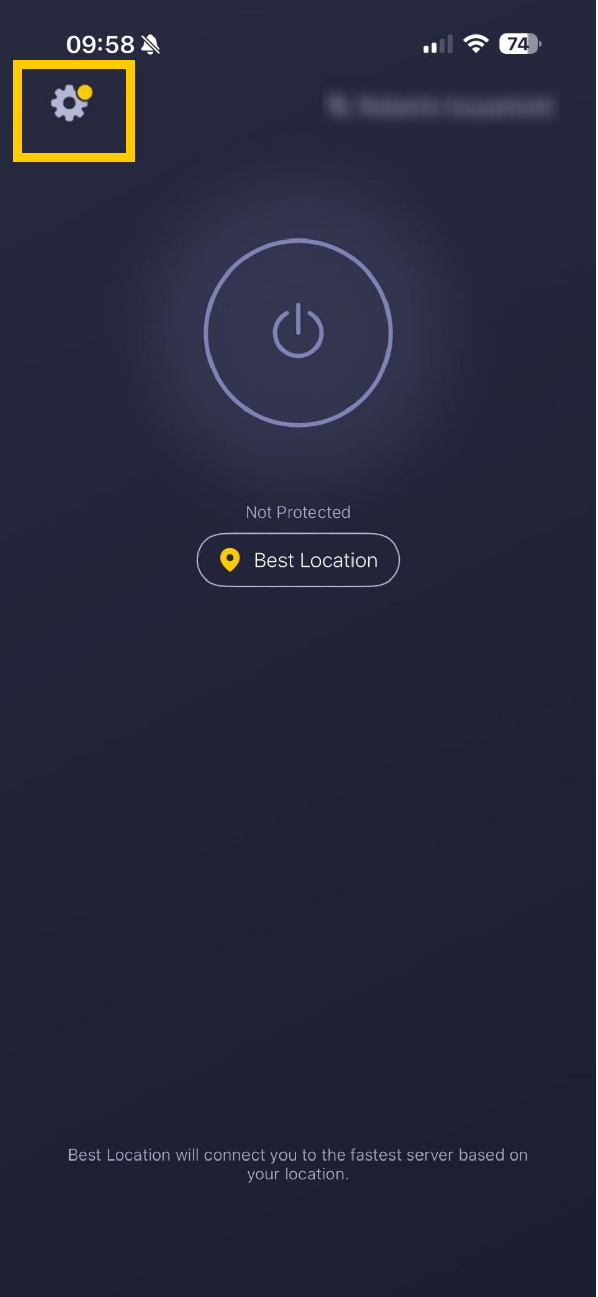 CyberGhost VPN home screen showing settings icon highlighted.