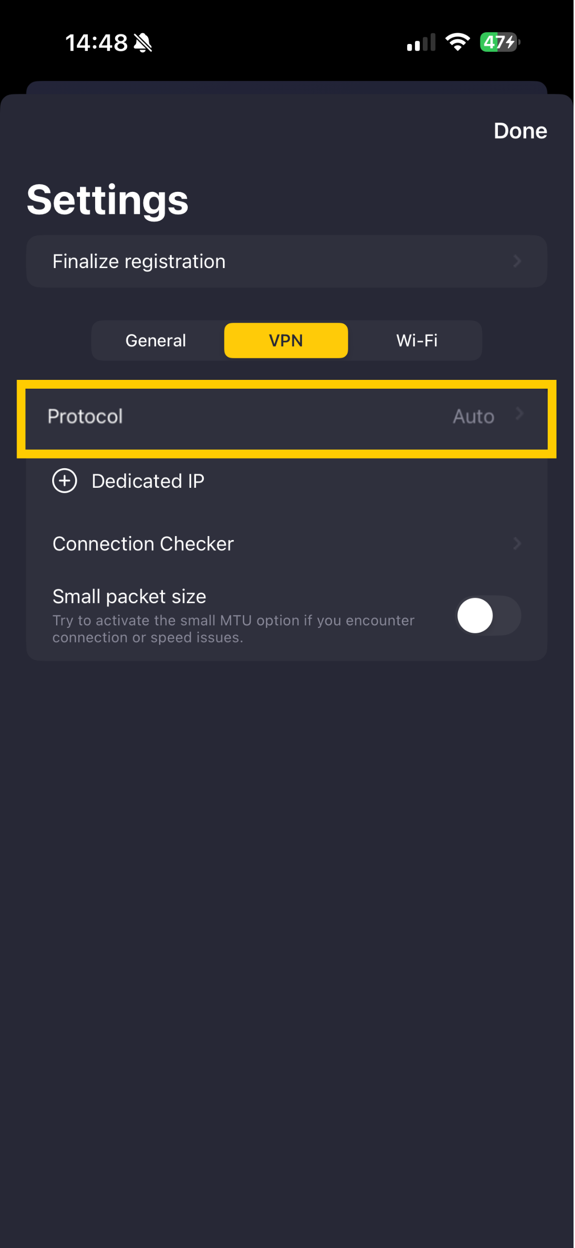 CyberGhost VPN protocol settings showing protocol highlighted.