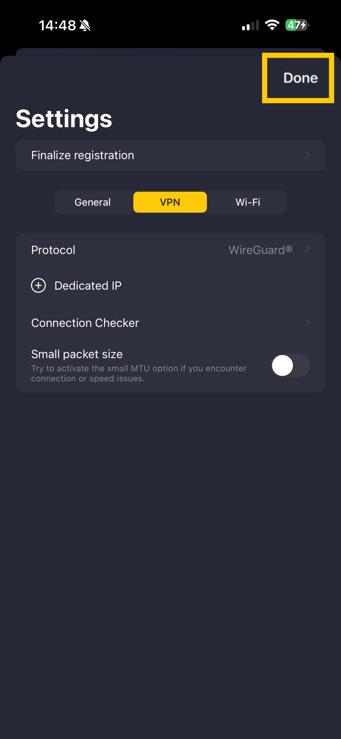 CyberGhost VPN protocol settings showing done button highlighted.