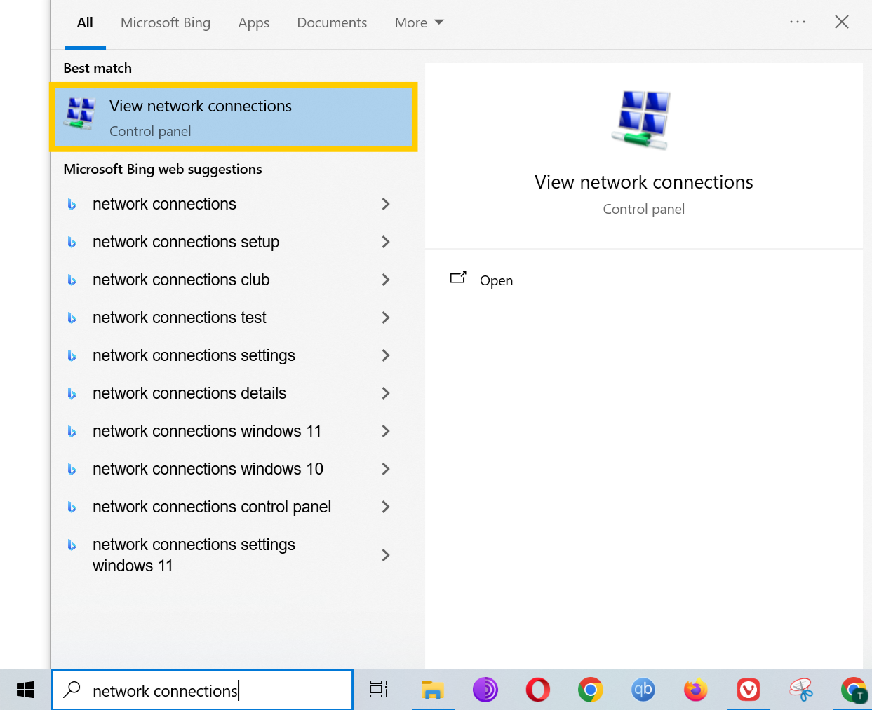 Start Menu on Windows 10. The "View network connections" search result is highlighted.