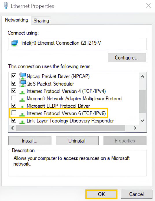 Ethernet Properties page for an ethernet connection on Windows 10. The "Internet Protocol Version 6 (TCP/IPv6)" option and "OK" button are highlighted.