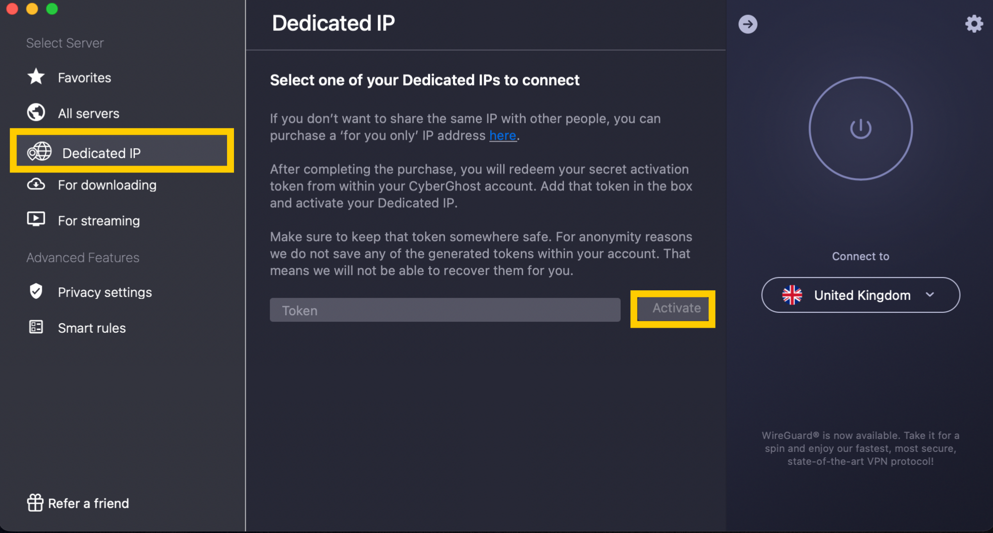 CyberGhost Dedicated IP page in the macOS app with token field and Activate button.