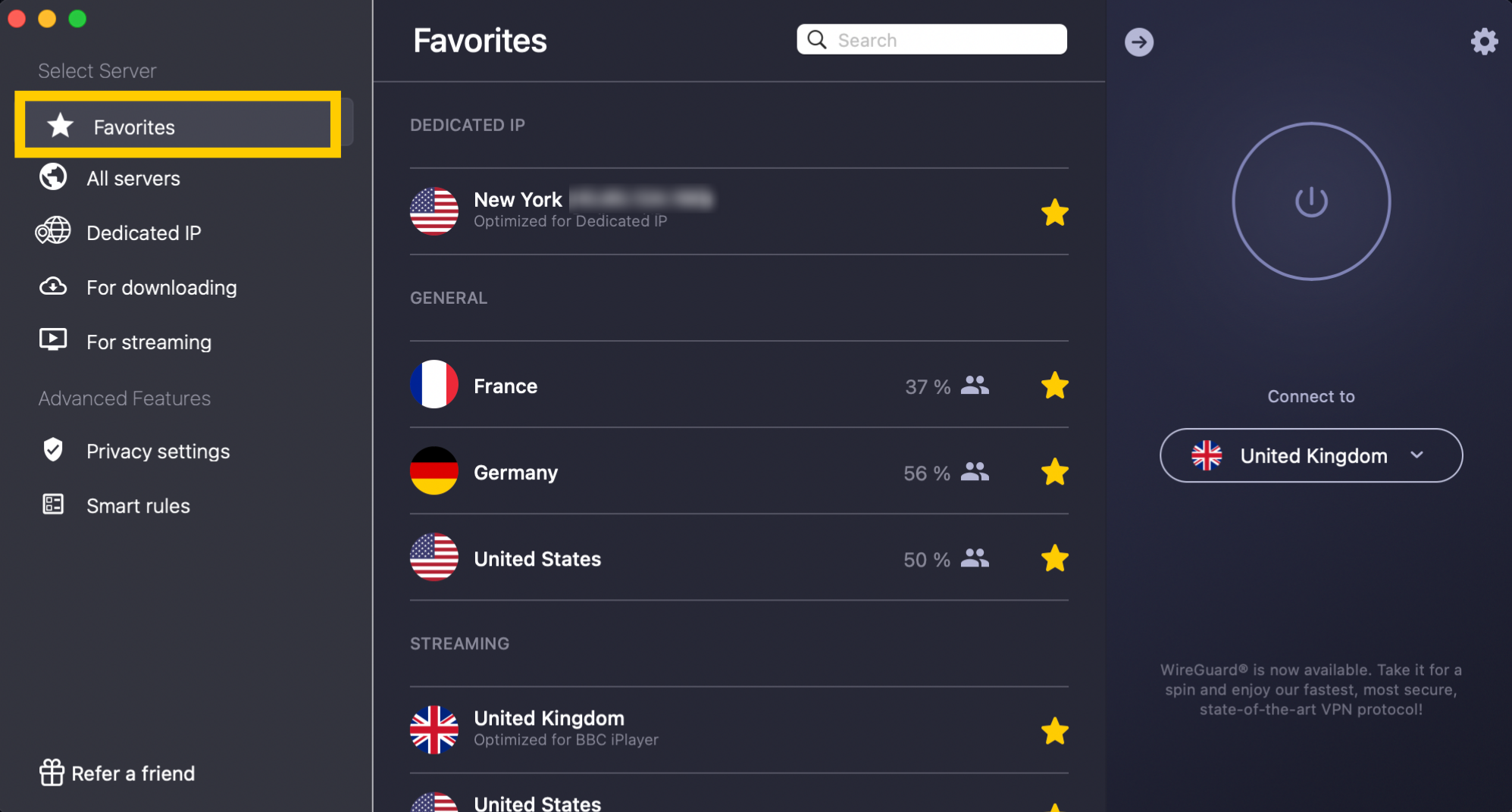 CyberGhost Favorites tab open in the macOS app showing saved Dedicated IP and server locations.