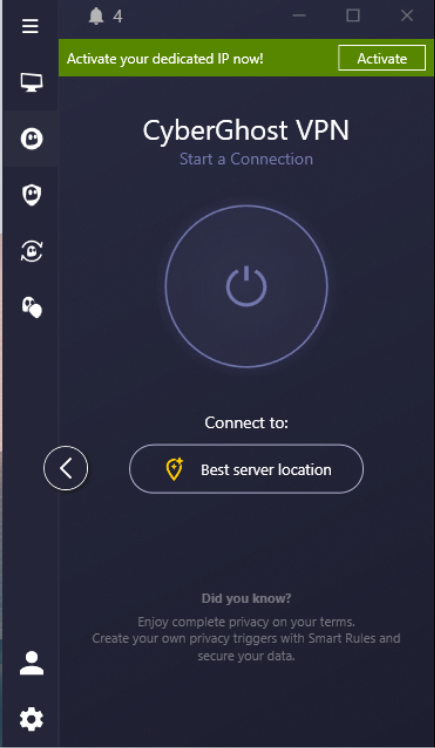 CyberGhost Windows app showing the "Expand" icon highlighted.