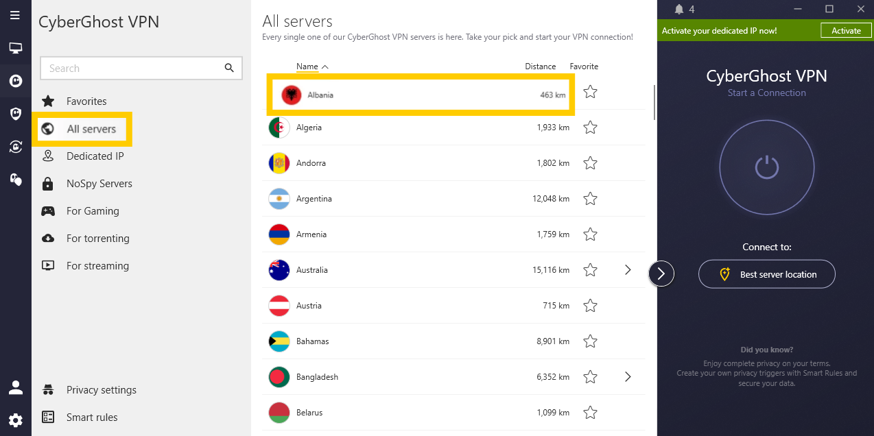 CyberGhost VPN Windows app showing the "All servers" and "Albania" options highlighted.