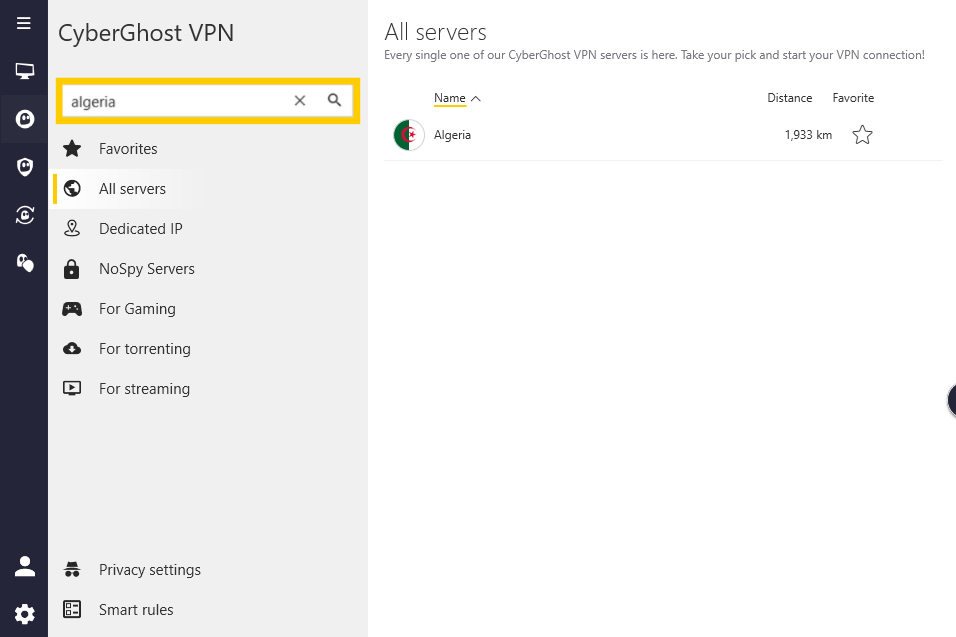 CyberGhost VPN Windows app showing the search box highlighted.
