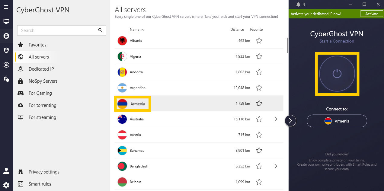 CyberGhost VPn showing the "Armenia" location and the "Power" icon highlighted.