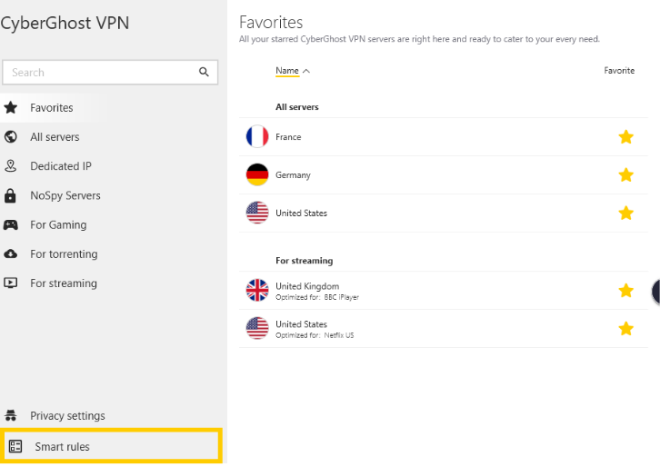CyberGhost Windows app showing the "Smart rules" option highlighted.