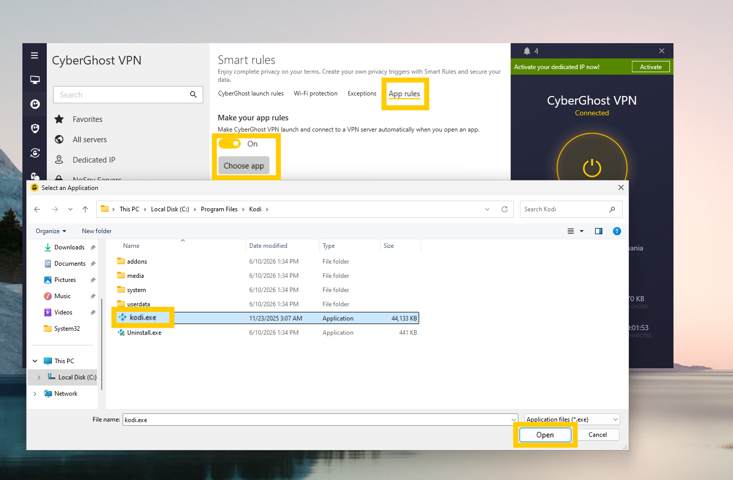 CyberGhost Windows app showing the Smart rules configuration settings and Kodi file selector.