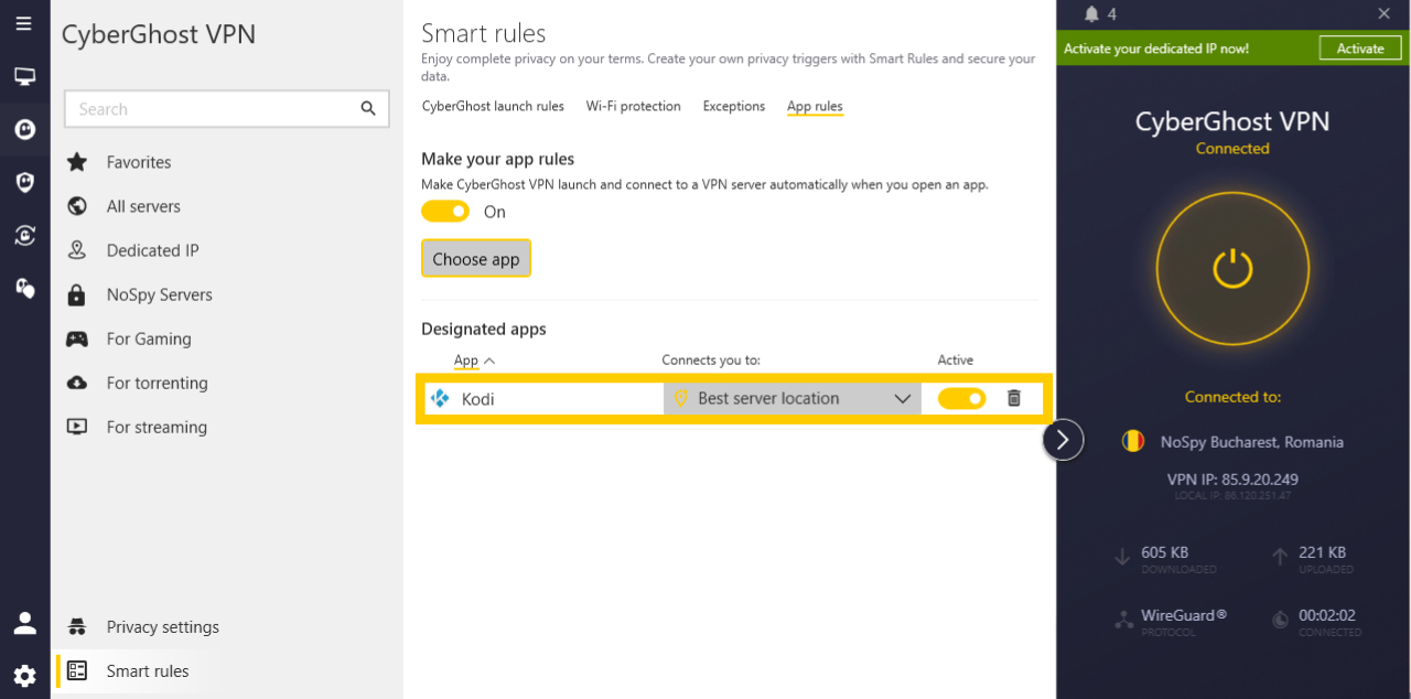  CyberGhost Windows app showing the Kodi smart rule.
