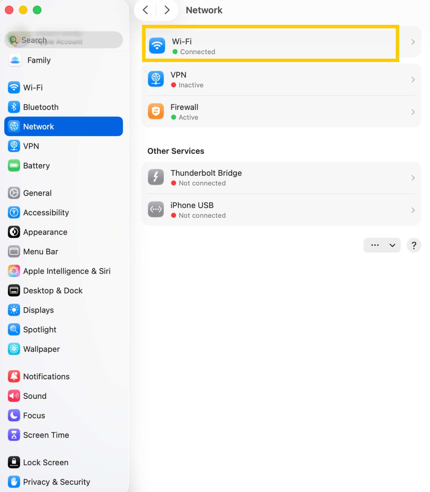 Network settings showing the connected Wi-Fi network.