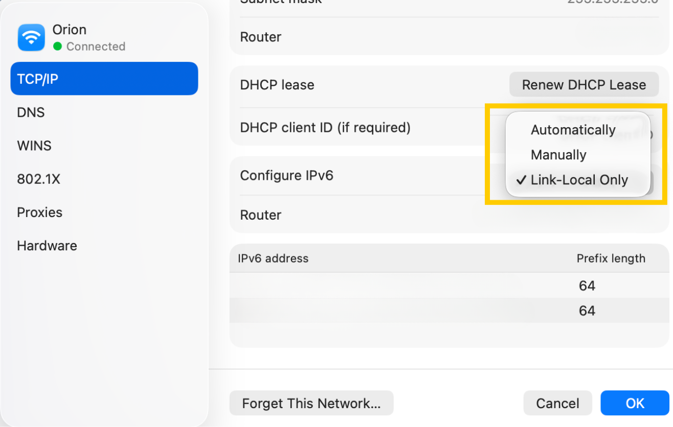 TCP/IP settings with Link-Local Only selected for Configure IPv6.