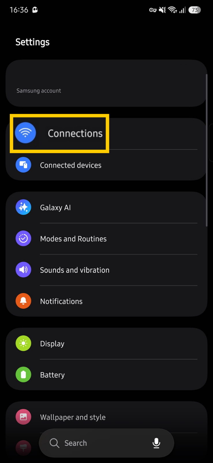 Android Settings screen with the Connections menu highlighted.