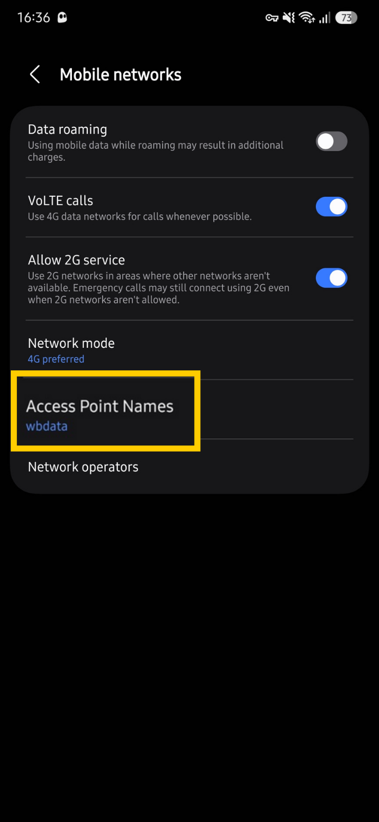 Android Mobile networks settings page with the Access Point Names option selected.
