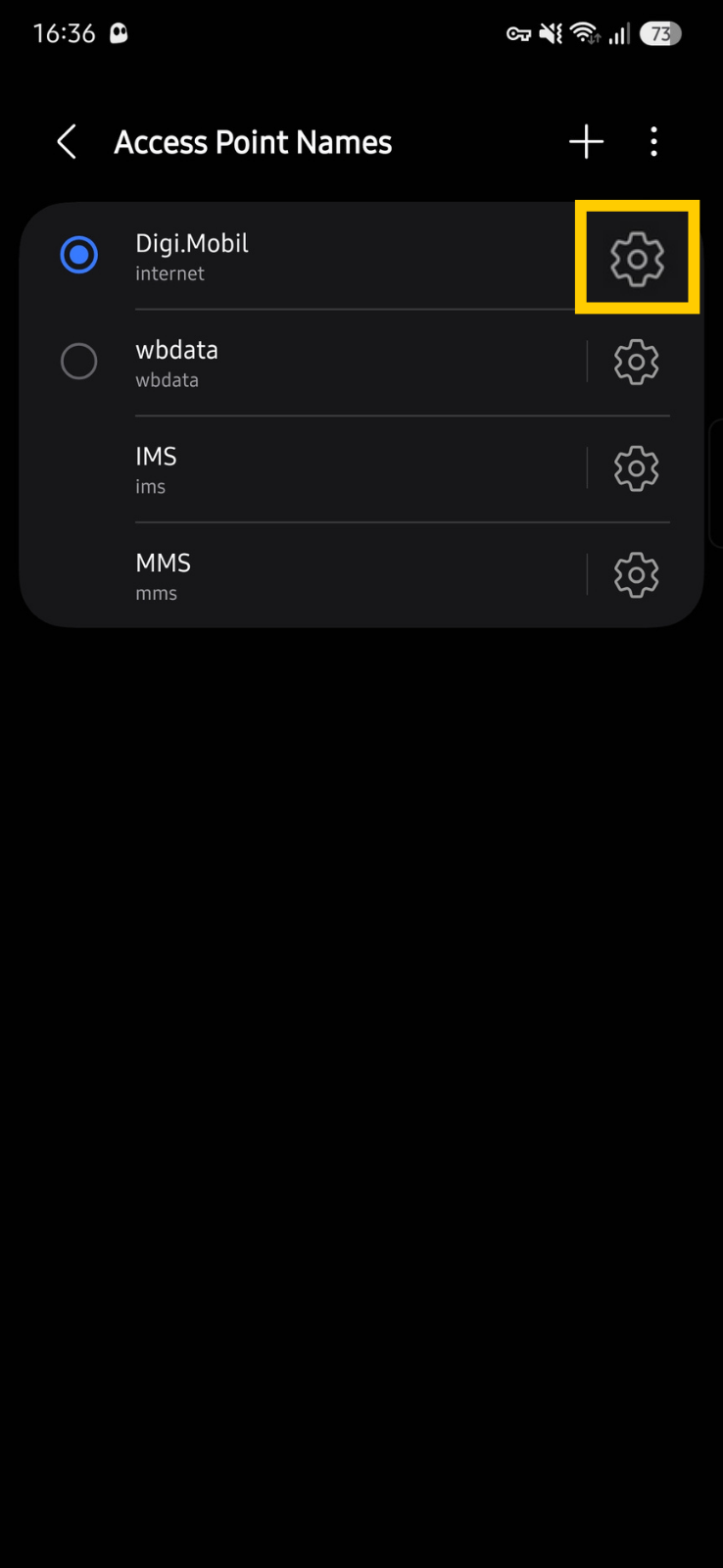 Android APN settings screen with the gear icon next to the active access point highlighted.
