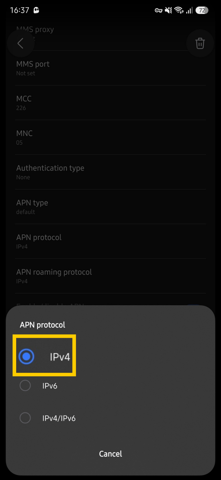 Android APN protocol selection menu with IPv4 selected.