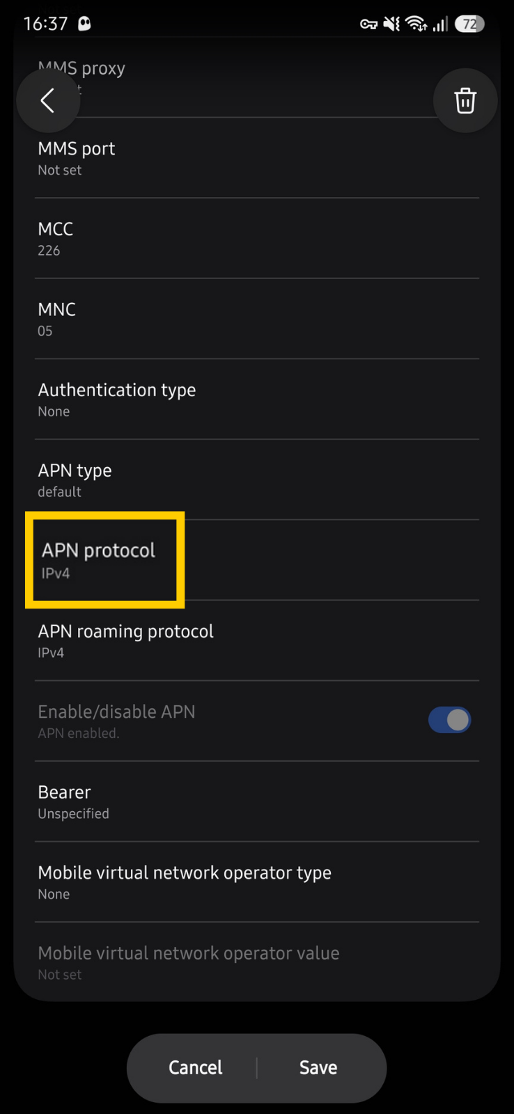 Android APN settings page showing the APN protocol option.