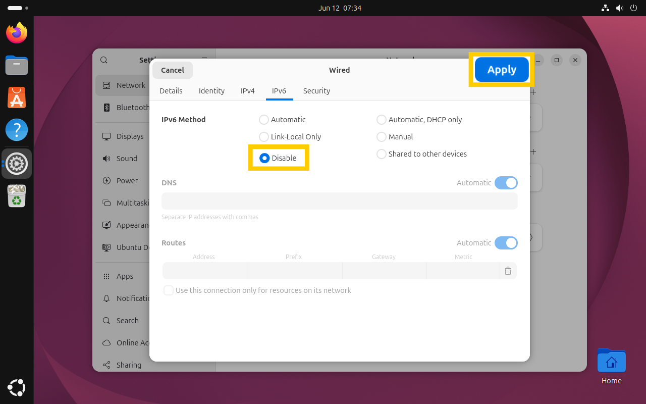 The IPv6 settings panel within the Ubuntu, with both the "Disable" radio button and the "Apply" button in the top-right corner highlighted in yellow boxes.