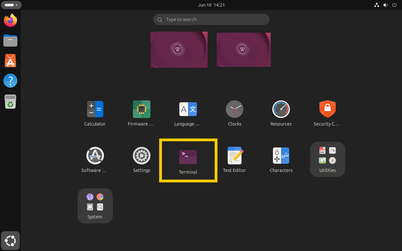 The Ubuntu application launcher grid, with the "Terminal" icon highlighted in a yellow box.