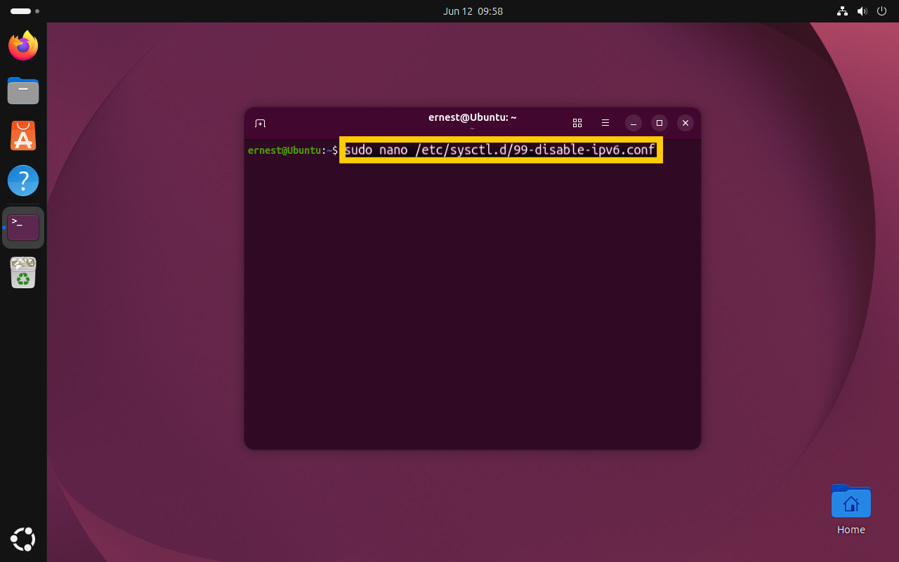 A terminal window displaying the command "sudo nano /etc/sysctl.d/99-disable-ipv6.conf" highlighted in a yellow box.