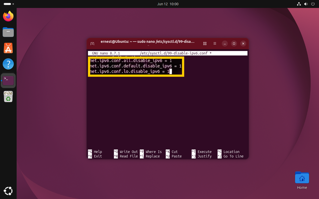 Nano text editor window inside a terminal, displaying three configuration lines set to "1" highlighted in a yellow box.