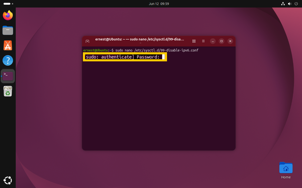 A terminal window requesting user authentication with the text "[sudo: authenticate] Password:" highlighted in a yellow box.