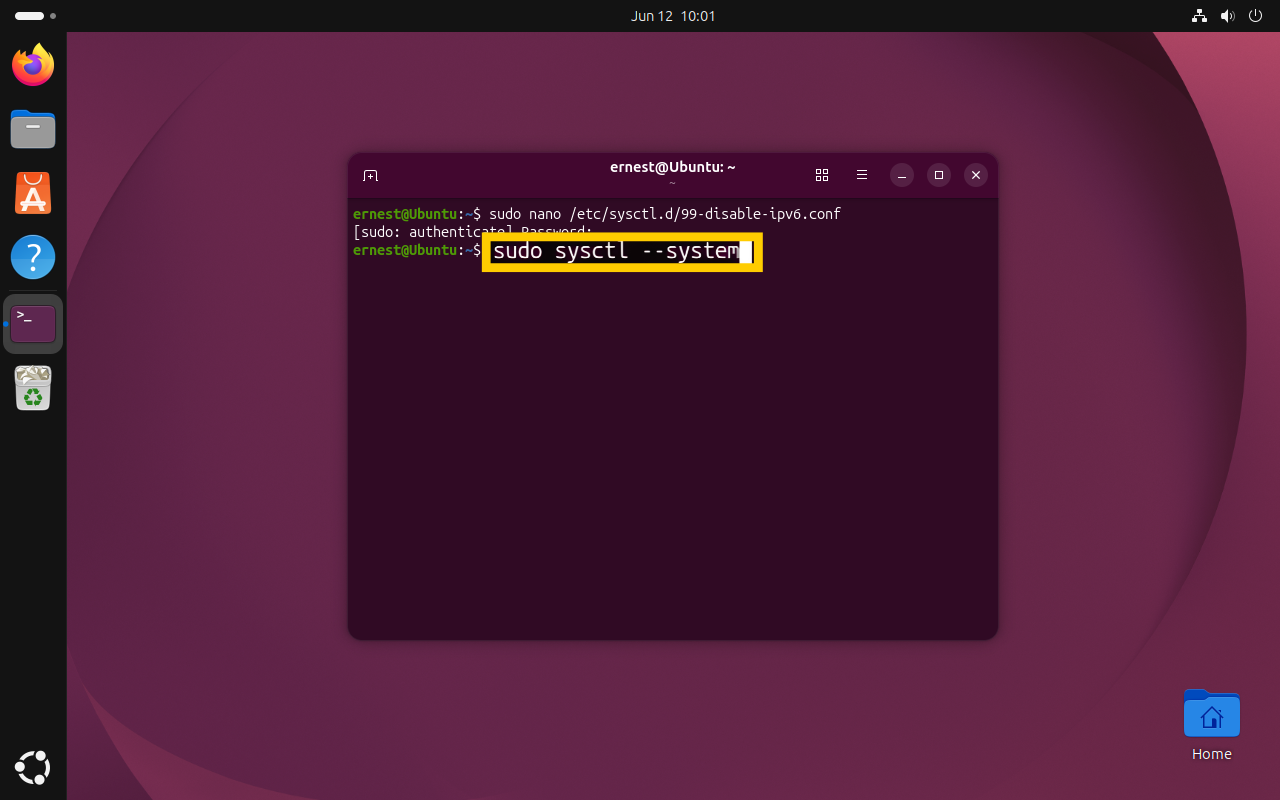 A terminal window displaying the command "sudo sysctl --system" highlighted in a yellow box.