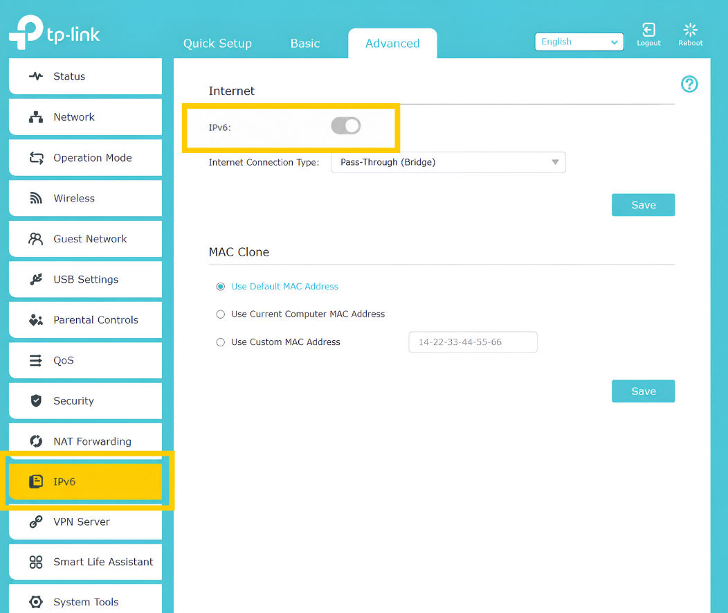 The IPv6 tab in TP-Link router settings, highlighting the IPv6 toggle.