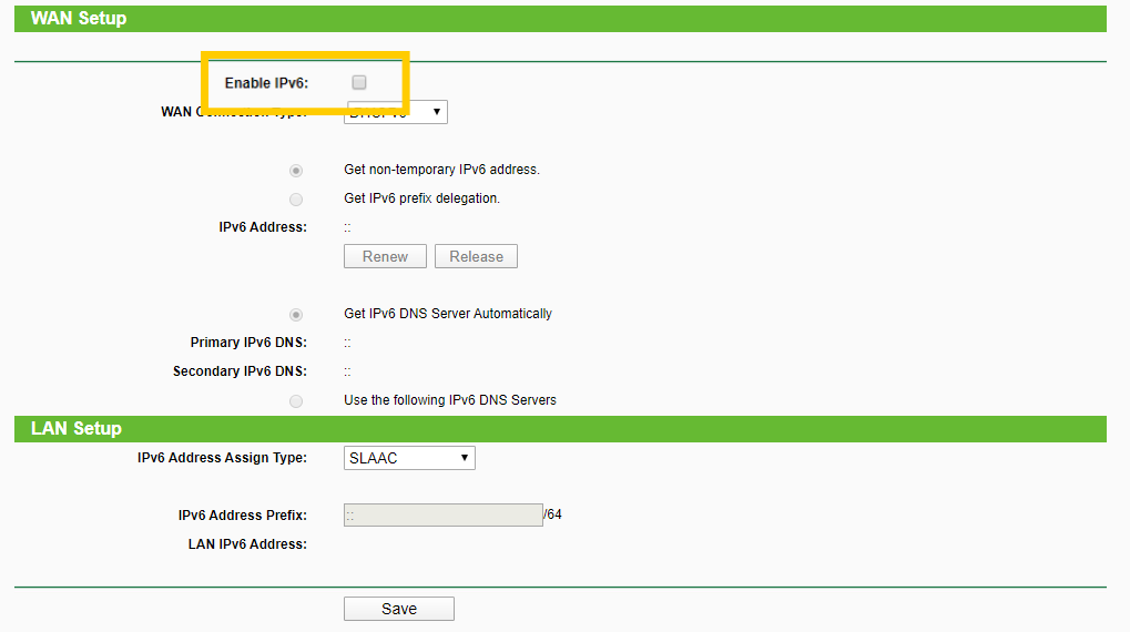 TP-Link router showing the "Enable IPv6" checkbox highlighted.