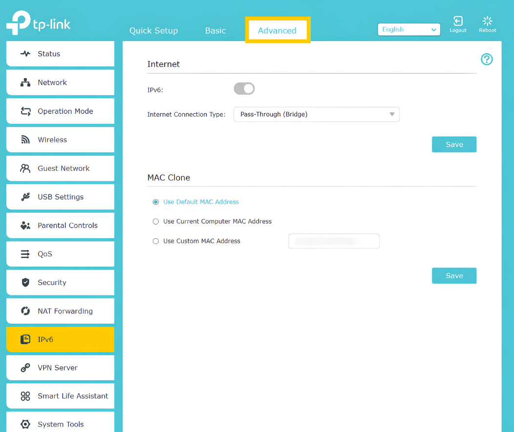 The Advanced tab in TP-Link router settings.