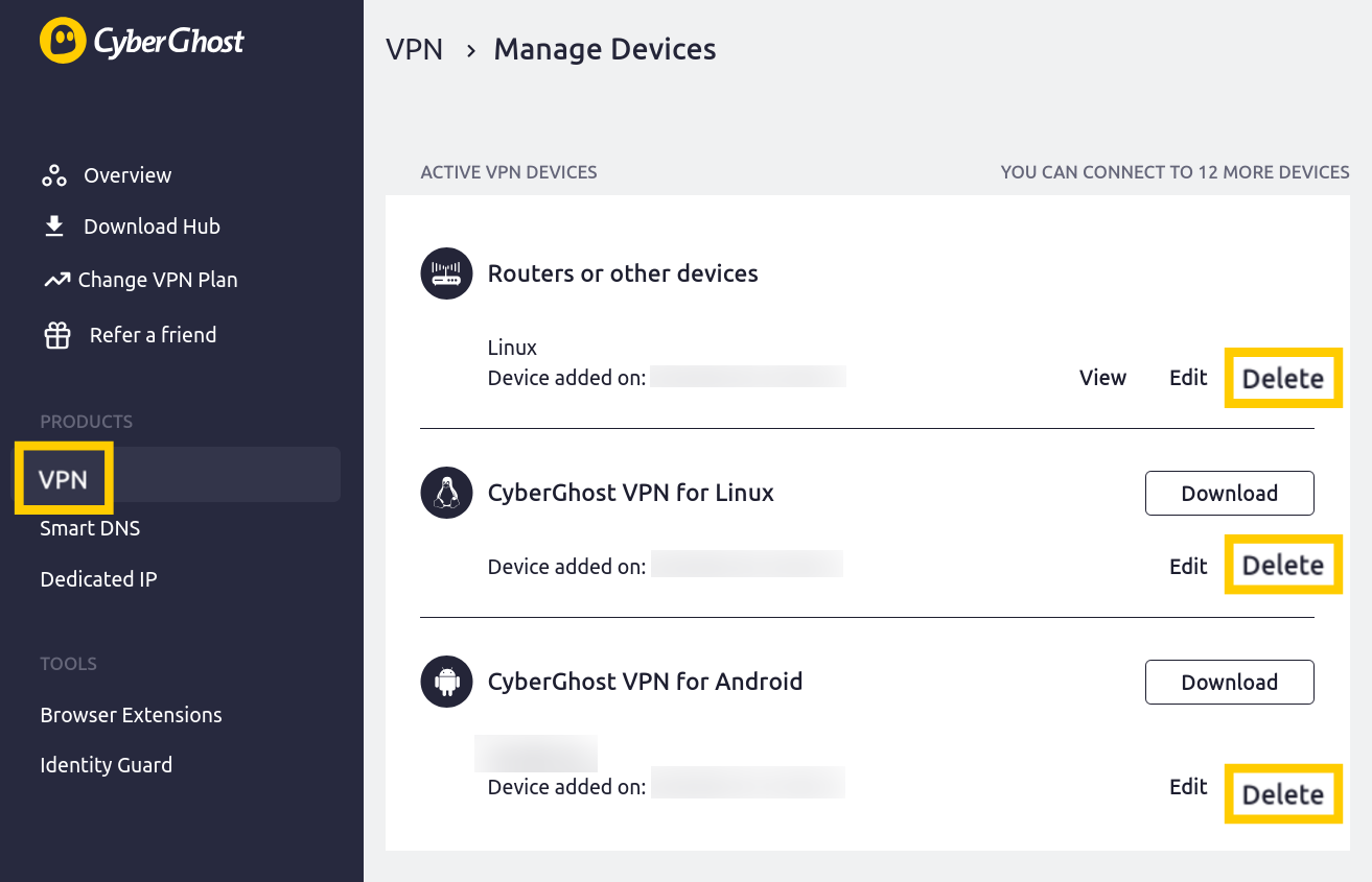 CyberGhost interface showing the "VPN" and "Delete" options highlighted.