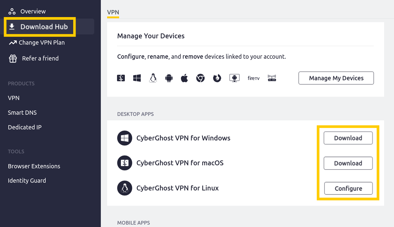 CyberGhost interface showing the "Download Hub" and "Download" options highlighted.